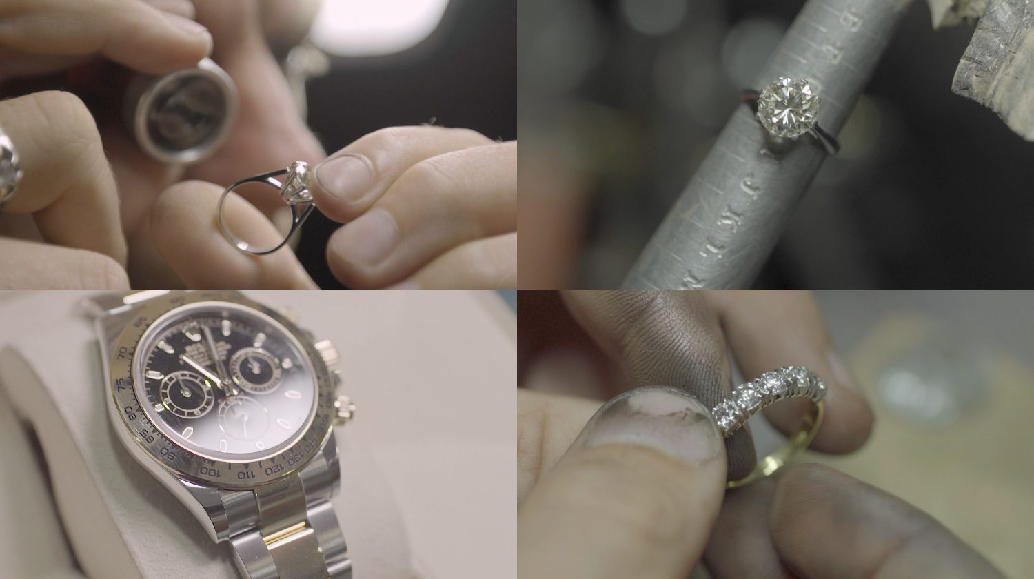 At the WTG Henderson workshop bench in Perth: a ring under the loupe, a solitaire on the mandrel, a Rolex Daytona, and a diamond eternity band being set