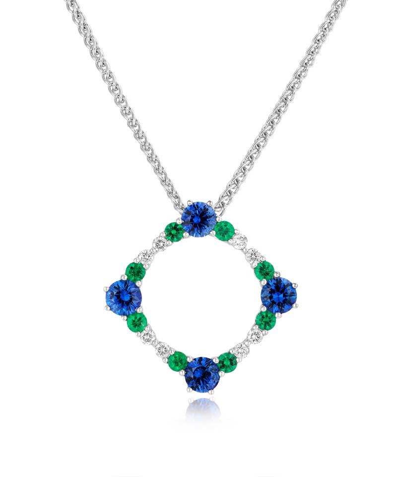 Art Deco style sapphire, emerald and diamond open square.